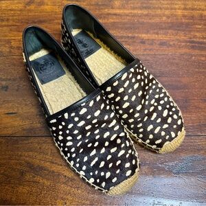 Tory Burch Black and White Mckenzie Dotted Pony Espadrille Flats Womens Size 8